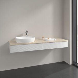 Meuble sous-vasque Villeroy et Boch Antao K15153GF 160x19x50cm, trou pour robinetterie, plan vasque couleur botticino, laqué blanc brillant