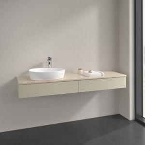 Meuble sous-vasque Villeroy et Boch Antao K15153HJ 160x19x50cm, trou pour robinetterie, plan de toilette couleur Botticino, laqué mat gris soie