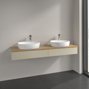 Villeroy et Boch Antao meuble sous-vasque K17051HJ 160x19x50cm, trou pour robinetterie, plan de vasque couleur chêne miel, laqué mat gris soie