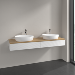 Villeroy et Boch Antao meuble sous-vasque K17151MT 160x19x50cm, trou pour robinetterie, plan de vasque couleur chêne miel, laqué blanc mat