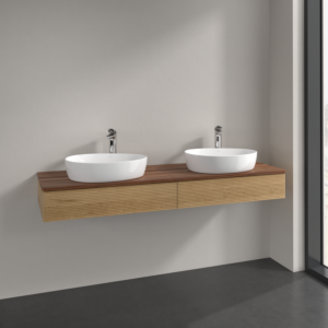 Villeroy et Boch Antao meuble sous-vasque K17152HN 160x19x50cm, trou pour robinetterie, plaque de lavabo couleur noyer chaud, chêne miel