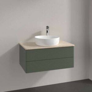 Villeroy und Boch Antao Waschtisch-Unterschrank K19153HL 80x36x50cm, Hahnloch, Waschbeckenplattenfarbe botticino, leaf green matt lacquer