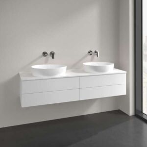 Meuble vasque Villeroy &amp; Boch Antao K28050MT à 4 tiroirs, 1600 x 360 x 500 mm, façade lisse, laque blanche mate.