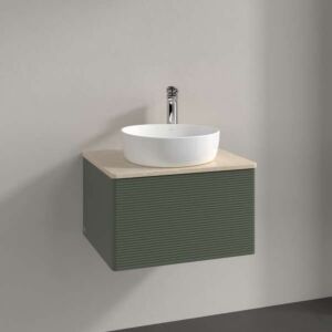 Meuble vasque Villeroy &amp; Boch Antao K29153HL 60 x 36 x 50 cm, percé pour robinetterie, plan vasque couleur Botticino, laque mate vert feuille