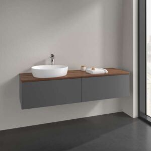 Meuble vasque Villeroy &amp; Boch Antao K37052GK à 2 tiroirs, 1600 x 360 x 500 mm, façade lisse, laque anthracite mate / noyer chaud