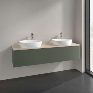 Meuble vasque Villeroy &amp; Boch Antao K39053HL 160 x 36 x 50 cm, percé pour robinetterie, plan vasque couleur Botticino, laque mate vert feuille