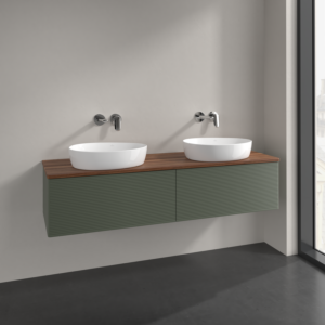 Villeroy et Boch Antao meuble sous-vasque K39112HL 160x36x50cm, plaque de lavabo couleur noyer chaud, laque mate vert feuille