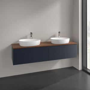 Villeroy et Boch Antao meuble sous-vasque K39152HG 160x36x50cm, trou pour robinetterie, plaque de lavabo couleur noyer chaud, laqué mat bleu nuit