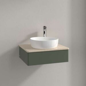 Meuble vasque Villeroy &amp; Boch Antao L07013HL 60 x 19 x 50 cm, plan vasque couleur Botticino, laque mate vert feuille