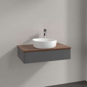 Meuble vasque Villeroy &amp; Boch Antao L08012GK avec éclairage, 1 tiroir, 800 x 190 x 500 mm, façade lisse, laque anthracite mate / noyer chaud