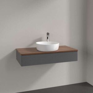 Meuble vasque Villeroy &amp; Boch Antao L09152GK avec éclairage, 1 tiroir, 1000 x 190 x 500 mm, façade texturée, laque anthracite mate / noyer chaud