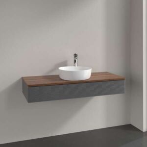 Meuble vasque Villeroy &amp; Boch Antao L10112GK avec éclairage, 1 tiroir, 1200 x 190 x 500 mm, façade texturée, laque anthracite mate / noyer chaud