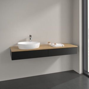 Meuble sous-vasque Villeroy et Boch Antao L15051PD 160x19x50cm, trou pour robinetterie, plan vasque couleur chêne miel, laqué noir mat