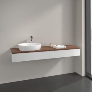Villeroy und Boch Antao Waschtisch-Unterschrank L15052GF 160x19x50cm, Hahnlochbohrung, Waschbeckenplattenfarbe warm walnut, glossy white lacquer