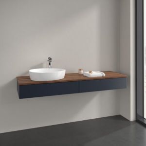 Meuble sous-vasque Villeroy et Boch Antao L15052HG 160x19x50cm, trou pour robinetterie, plan vasque couleur noyer chaud, laqué mat bleu nuit