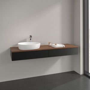Meuble sous-vasque Villeroy et Boch Antao L15052PD 160x19x50cm, trou pour robinetterie, plan de toilette couleur noyer chaud, laqué noir mat