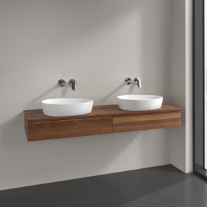 Villeroy and Boch Antao vanity unit L17012HM 160x19x50cm, washbasin top colour warm walnut, warm walnut, with lighting