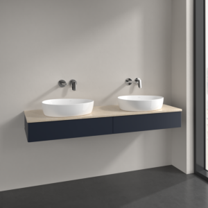 Villeroy und Boch Antao Waschtisch-Unterschrank L17013HG mit Beleuchtung, 2 Auszüge, 1600 x 190 x 500 mm, Front ohne Struktur, Midnight Blue Matt Lacquer / Botticino