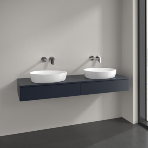 Villeroy et Boch Antao meuble sous-vasque L17050HG 160x19x50cm, trou pour robinetterie, plaque de lavabo laquée couleur, laqué mat bleu nuit, avec éclairage