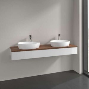 Meuble vasque Villeroy &amp; Boch Antao L17052GF avec éclairage, 160 x 19 x 50 cm, percé pour robinetterie, plan vasque couleur noyer chaud, laque blanche brillante