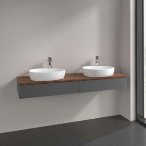 Meuble vasque Villeroy &amp; Boch Antao L17052GK avec éclairage, 160 x 19 x 50 cm, percé pour robinetterie, plan vasque couleur noyer chaud, laque anthracite mate