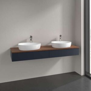 Meuble vasque Villeroy &amp; Boch Antao L17052HG avec éclairage, 160 x 19 x 50 cm, percé pour robinetterie, plan vasque couleur noyer chaud, laque mate bleu nuit
