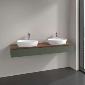 Meuble vasque Villeroy &amp; Boch Antao L17052HL avec éclairage, 160 x 19 x 50 cm, percé pour robinetterie, plan vasque couleur noyer chaud, laque mate vert feuille