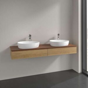 Villeroy und Boch Antao Waschtisch-Unterschrank L17052HN mit Beleuchtung, 160x19x50cm, Hahnlochbohrung, Waschbeckenplattenfarbe warm walnut, honey oak