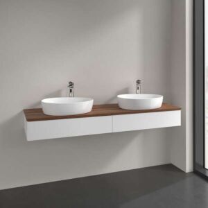 Meuble vasque Villeroy &amp; Boch Antao L17052MT avec éclairage, 2 tiroirs, 1600 x 190 x 500 mm, façade lisse, laque blanche mate / noyer chaud