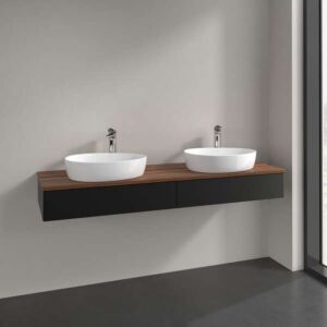 Meuble vasque Villeroy &amp; Boch Antao L17052PD avec éclairage, 2 tiroirs, 1600 x 190 x 500 mm, façade lisse, laque noire mate / noyer chaud