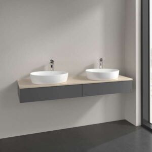 Meuble vasque Villeroy &amp; Boch Antao L17053GK avec éclairage, 2 tiroirs, 1600 x 190 x 500 mm, façade lisse, laque anthracite mate / Botticino
