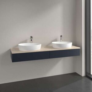 Meuble vasque Villeroy &amp; Boch Antao L17053HG 160 x 19 x 50 cm, percé pour robinetterie, plan vasque couleur Botticino, laque mate bleu nuit