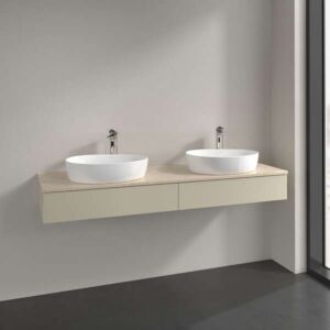 Meuble vasque Villeroy &amp; Boch Antao L17053HJ avec éclairage, 2 tiroirs, 1600 x 190 x 500 mm, façade lisse, laque mate Gris Soie / Botticino