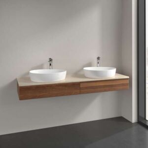 Villeroy und Boch Antao Waschtisch-Unterschrank L17053HM mit Beleuchtung, 2 Auszüge, 1600 x 190 x 500 mm, Front ohne Struktur, Warm Walnut / Botticino