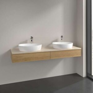 Meuble vasque Villeroy &amp; Boch Antao L17053HN avec éclairage, 2 tiroirs, 1600 x 190 x 500 mm, façade lisse, chêne miel / Botticino