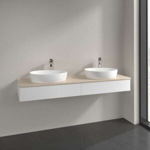 Meuble vasque Villeroy &amp; Boch Antao L17053MT avec éclairage, 2 tiroirs, 1600 x 190 x 500 mm, façade lisse, laque blanche mate / Botticino