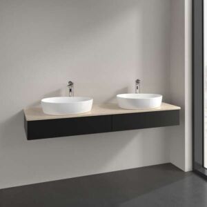 Villeroy und Boch Antao Waschtisch-Unterschrank L17053PD mit Beleuchtung, 2 Auszüge, 1600 x 190 x 500 mm, Front ohne Struktur, Black Matt Lacquer / Botticino