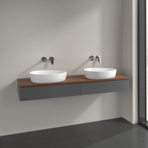 Villeroy et Boch Antao meuble sous-vasque L17112GK 160x19x50cm, plaque de lavabo couleur noyer chaud, laqué mat anthracite, avec éclairage