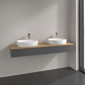 Meuble vasque Villeroy &amp; Boch Antao L17151GK avec éclairage, 2 tiroirs, 1600 x 190 x 500 mm, façade texturée, laque anthracite mate / chêne miel