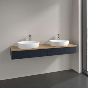 Villeroy und Boch Antao Waschtisch-Unterschrank L17151HG mit Beleuchtung, 2 Auszüge, 1600 x 190 x 500 mm, Front mit Struktur, Midnight Blue Matt Lacquer / Honey Oak