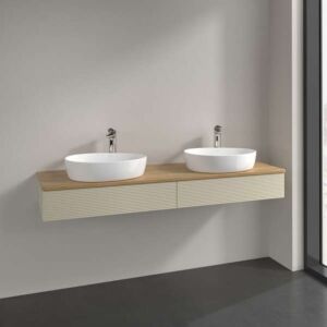 Villeroy und Boch Antao Waschbeckenunterschrank L17151HJ mit Beleuchtung, 2 Auszüge, 1600 x 190 x 500 mm, Front mit Struktur, Silk Grey Matt Lacquer / Honey Oak