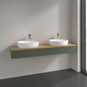 Villeroy und Boch Antao Waschtisch-Unterschrank L17151HL mit Beleuchtung, 2 Auszüge, 1600 x 190 x 500 mm, Front mit Struktur, Leaf Green Matt Lacquer / Honey Oak