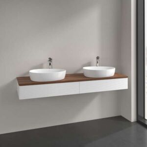 Meuble vasque Villeroy &amp; Boch Antao L17152MT avec éclairage, 2 tiroirs, 1600 x 190 x 500 mm, façade texturée, laque blanche mate / noyer chaud