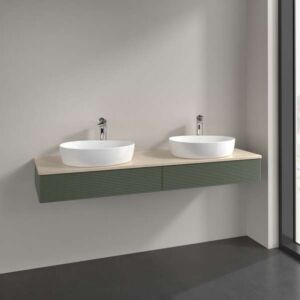 Villeroy und Boch Antao Waschtisch-Unterschrank L17153HL mit Beleuchtung, 2 Auszüge, 1600 x 190 x 500 mm, Front mit Struktur, Leaf Green Matt Lacquer / Botticino