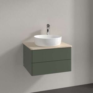 Meuble vasque Villeroy &amp; Boch Antao L18013HL avec éclairage, 2 tiroirs, 600 x 360 x 500 mm, façade lisse, laque mate Vert Feuille / Botticino