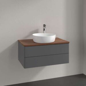 Villeroy und Boch Antao Waschtisch-Unterschrank L19052GK mit Beleuchtung, 2 Auszüge, 800 x 360 x 500 mm, Front ohne Struktur, Anthracite Matt Lacquer / Warm Walnut