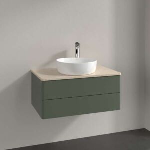 Meuble vasque Villeroy &amp; Boch Antao L19013HL avec éclairage, 2 tiroirs, 800 x 360 x 500 mm, façade lisse, laque mate Vert Feuille / Botticino