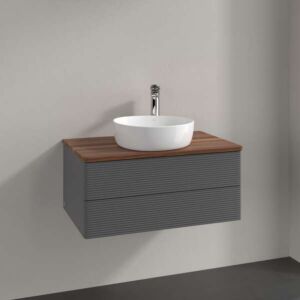 Villeroy &amp; Boch Antao vanity unit L19112GK with lighting, 2 drawers, 800 x 360 x 500 mm, textured front, Anthracite Matt Lacquer / Warm Walnut