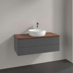 Meuble vasque Villeroy &amp; Boch Antao L20112GK avec éclairage, 2 tiroirs, 1000 x 360 x 500 mm, façade texturée, laque anthracite mate / noyer chaud