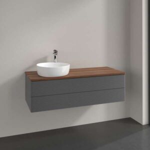 Meuble vasque Villeroy &amp; Boch Antao L22112GK avec éclairage, 2 tiroirs, 1200 x 360 x 500 mm, façade texturée, laque anthracite mate / noyer chaud